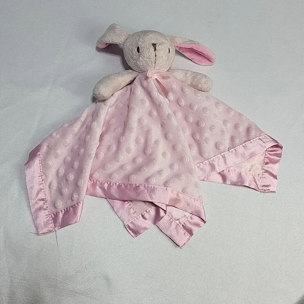 Pink Plush Bunny Rabbit Lovey Minky Dot Satin Edge Back Security Blanket 16 Inch